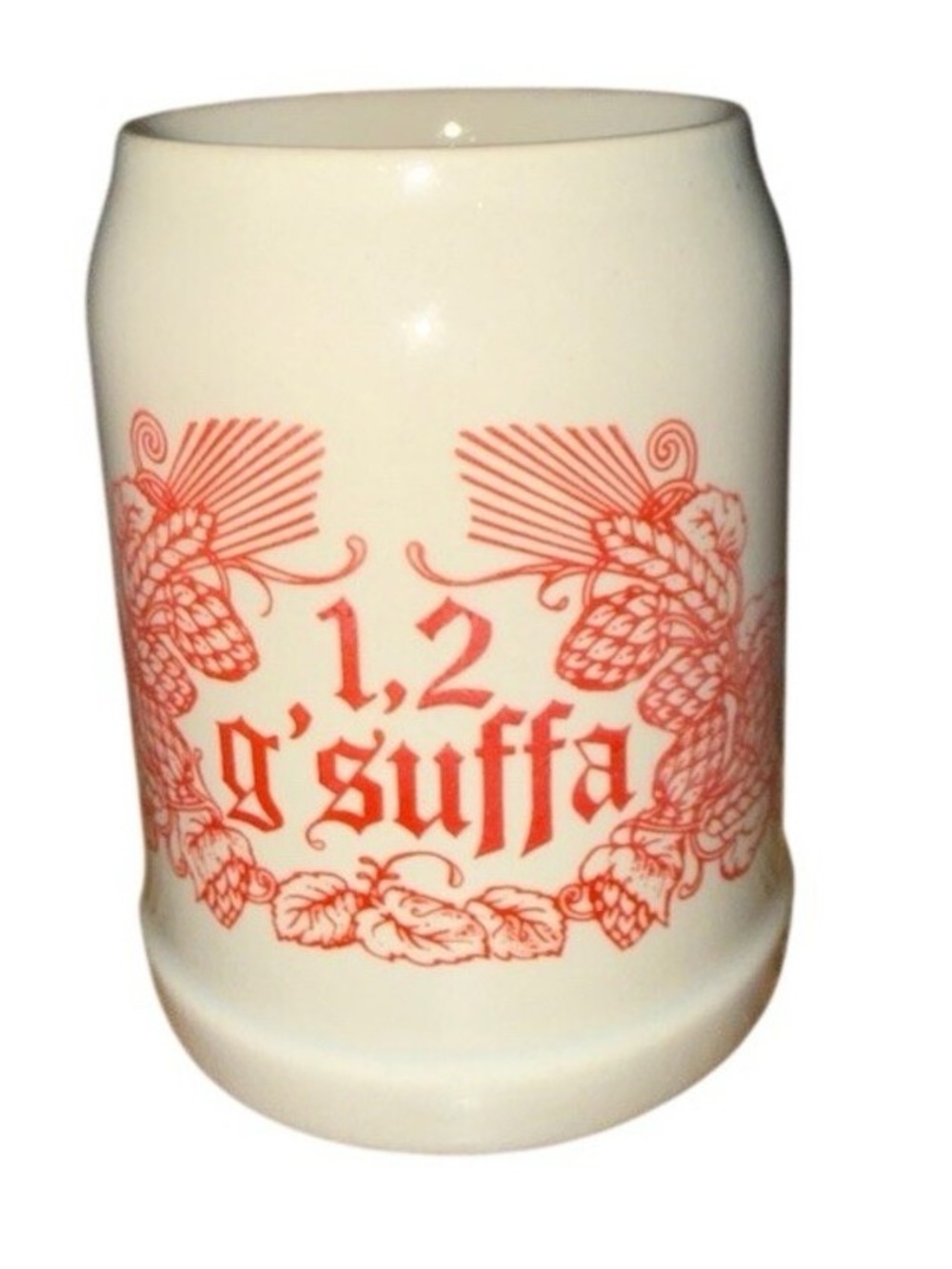 Cream Ceramic Beer Stein with Red Graphic